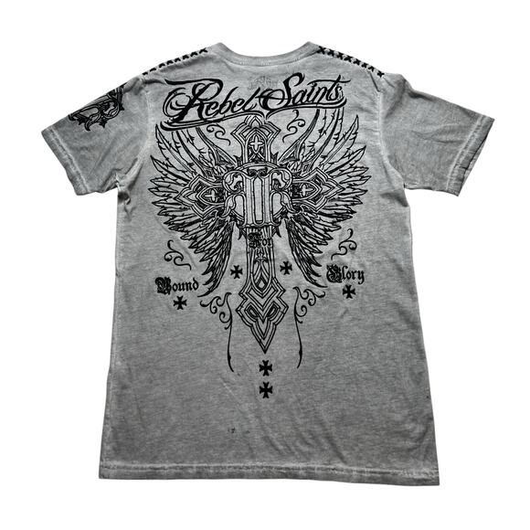 Y2K Rebel Saints Shirt Mens Medium Affliction Biker Angel Wings Skull Grunge - Picture 1 of 11